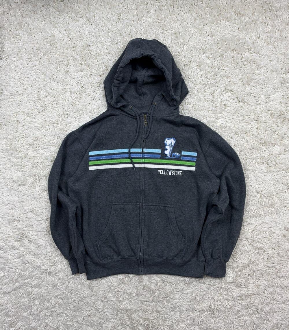 Yellowstone National Park Hoodie Full Zip Gray Medium Old Faithful Bison Geyser